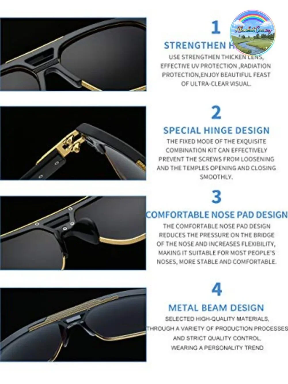Retro Oversized Square Sunglasses Semi-Rimless Gold Alloy Frame UV400